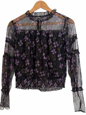 CALLIGRAPHIE Sheer Black Floral Lace Blouse Sz S
